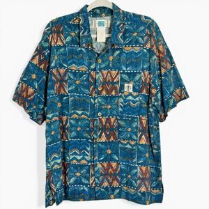 Vintage Duke Kahanamoku Aloha Shirt L Hawaiian Blue Patchwork Tiki Surf Camp 90s